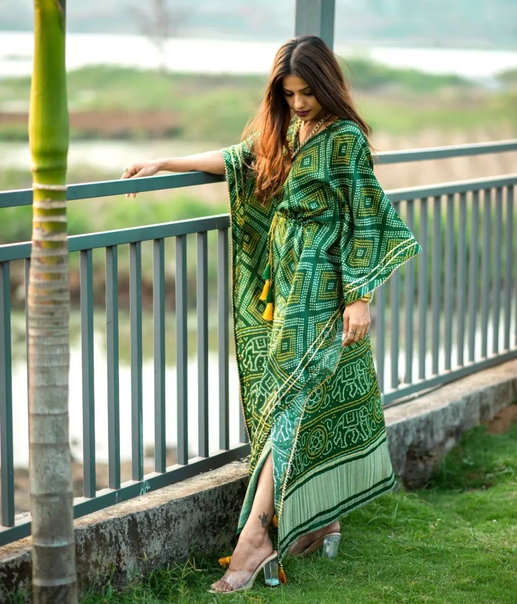 Green Box Pattern Printed Designer Kaftan